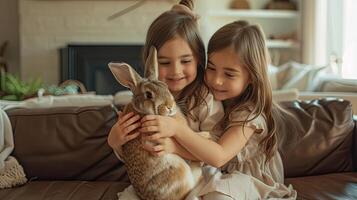 ai generado gemelo hermanas como ellos sostener el Pascua de Resurrección conejito, dónde el yuxtaposición de su juvenil inocencia con el pulcro contemporáneo ajuste enfatiza el contraste Entre tradicion y modernizar foto