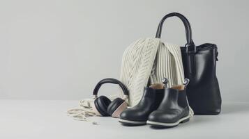 AI generated shoes, headphones, and a bag against a studio white background, capturing the essence of urban style and modern accessories with clarity and sophistication. photo