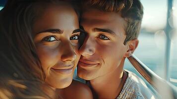 AI generated young couple aboard a yacht with, where their affectionate gestures and smiles reflect the romance of sailing on the open seas. photo