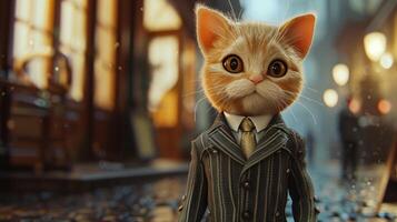 AI generated an animated kitten exuding sophistication in its attire, portrayed in hyper-realistic detail photo
