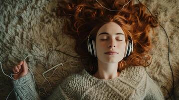 AI generated a relaxed woman lying on the carpet at home, indulging in music through her headphones, exuding a sense of calm and contentment in her portrait. photo