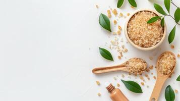 ai generado un exfoliante fregar enriquecido con verde arcilla y natural ingredientes, con un belleza máscara delicadamente aplicado en un limpiar blanco fondo, atractivo espectadores a complacer en cuidados personales. foto