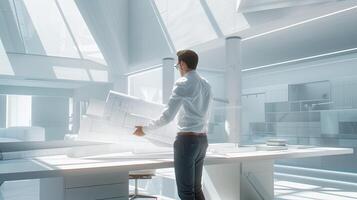 AI generated an architect reviews and unrolls blueprints on a sleek table within, modern, office space, with ample copy space for text to showcase the vision and precision of architectural design. photo