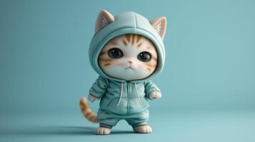 AI generated a cute little cat donning a hoodie, captured in a standing posture against a solid light background, showcasing super-detailed craftsmanship from a main view. photo