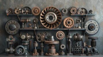 AI generated drum brakes, gears, and assorted metal components artfully displayed on a pedestal, against a grey, oxidized background, evoking an industrial ambiance that celebrates precision photo