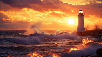 AI generated an offshore lighthouse standing tall amidst crashing waves, its sturdy structure weathering the elements while guiding ships safely through treacherous waters. photo