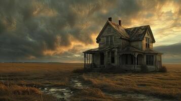 AI generated an old dilapidated house, weathered by time and neglect, in a realistic photograph that evokes a sense of nostalgia and abandonment. photo