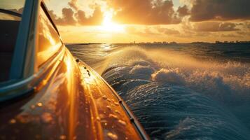 AI generated speedboating through with a realistic close-up shot from the back seat of a speedboat, showcasing the mesmerizing ocean vista during the golden hour, enhanced by captivating shadow play. photo