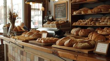 AI generated freshly baked artisanal bread arranged on a polished wooden counter, inviting viewers to savor the craftsmanship and flavor. photo