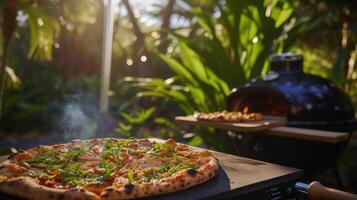 AI generated a sleek Webber grill sizzles with the aroma of pizza being expertly cooked in a picturesque park setting, evoking the ambiance of outdoor culinary delight and camaraderie. photo