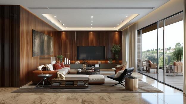 AI generated a carpentry wall surface structure design, enhanced by a glossy finish that accentuates the natural beauty and texture of the wood, creating a stunning visual focal point in any interior photo