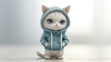 AI generated a cute little cat donning a hoodie, captured in a standing posture against a solid light background, showcasing super-detailed craftsmanship from a main view. photo