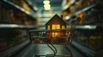 AI generated a close-up of a cardboard house placed within a supermarket cart, illuminated by natural daylight. photo