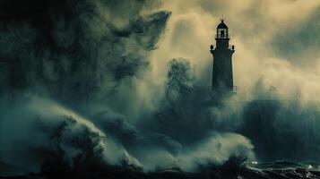 AI generated an offshore lighthouse standing tall amidst crashing waves, its sturdy structure weathering the elements while guiding ships safely through treacherous waters. photo