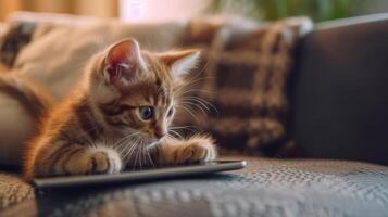 AI generated a small adorable kitten gazing curiously at a tablet with its tiny paws, evoking a heartwarming scene of domestic comfort and modern technology. photo