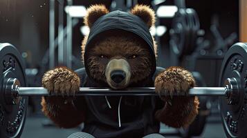 ai generado un oso con piel y marrón ojos se pone un negro capucha y gris bermudas, exhibiendo fuerza y determinación mientras levantamiento pesado pesos en el gimnasia, envuelto en un atmósfera de motivación. foto