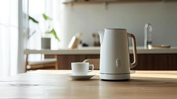 AI generated a modern electric kettle sitting beside a cup on a wooden table in a light-filled, minimalist kitchen, portraying the marriage of style and utility in contemporary home appliances. photo