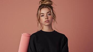 AI Generated a woman with blond hair styled in a casual bun, effortlessly showcasing a plain black crewneck sweatshirt with no wrinkles, her demeanor exuding confidence as she carries a rolled-up pink photo