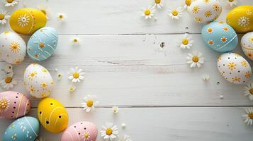 AI generated a charming Easter scene with painted eggs arranged on a white wooden table, featuring minimal detail and plenty of copy space, perfect for conveying warm wishes and joy on Easter day. photo