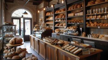 AI generated freshly baked artisanal bread arranged on a polished wooden counter, inviting viewers to savor the craftsmanship and flavor. photo