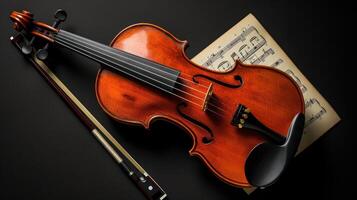 AI generated a violin accompanied by its bow and sheet music, elegantly poised on a black background, with clean lines and natural shadows enhancing its ultra-detailed craftsmanship. photo