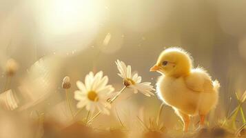 AI generated a very cute yellow chick standing against a captivating light monochromatic background, with a delicate flower nearby, creating a heartwarming and enchanting scene of innocence and beauty photo