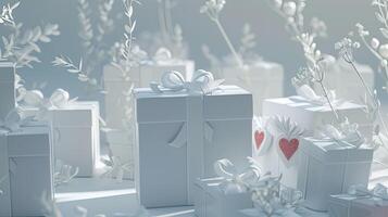 AI generated immaculate white gift boxes, elegantly adorned with Valentine's Day-themed decorations, evoking feelings of love and affection in a timeless display of devotion. photo