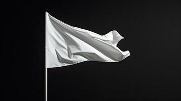 ai generado blanco blanco bandera en un asta de bandera, aislado en contra un rígido negro fondo, transporte un sentido de sencillez y pureza en sus simbolismo. foto