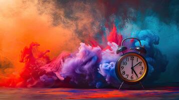 AI generated a clock rings loudly, its vibrant colors blending with bright colored smoke, creating a visually striking scene of alertness and heightened awareness. photo