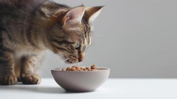 ai generado un gato sus cabeza fuera desde debajo el mesa, dibujado por el aroma de mojado gato comida en un cuenco metido en el mesa, en contra un blanco fondo, exhibiendo el irresistible seducir de comida foto