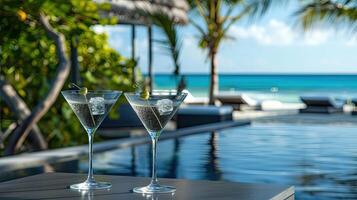 AI generated cocktail on the pool deck, its crystal-clear glass shimmering in the sunlight against a backdrop of tranquil blue waters, evoking a sense of luxury and relaxation. photo