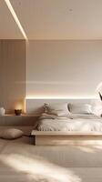 AI generated a contemporary bedroom with a neutral palette, featuring a stylish platform bed bathed in soft ambient lighting, and adorned with decor to create a tranquil retreat for rest. photo