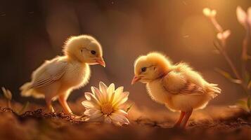 AI generated a very cute yellow chick standing against a captivating light monochromatic background, with a delicate flower nearby, creating a heartwarming and enchanting scene of innocence and beauty photo