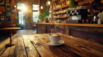 AI generated gorgeous solid wood coffee table as the focal point, adorned with a steaming cup of black coffee, against the backdrop of a beautifully decorated cafe. photo