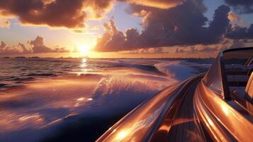 AI generated speedboating through with a realistic close-up shot from the back seat of a speedboat, showcasing the mesmerizing ocean vista during the golden hour, enhanced by captivating shadow play. photo