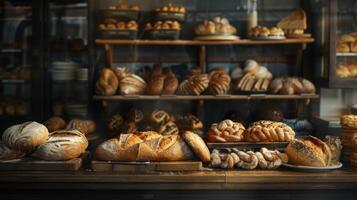 AI generated freshly baked artisanal bread arranged on a polished wooden counter, inviting viewers to savor the craftsmanship and flavor. photo