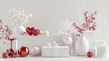 AI generated immaculate white gift boxes, elegantly adorned with Valentine's Day-themed decorations, evoking feelings of love and affection in a timeless display of devotion. photo