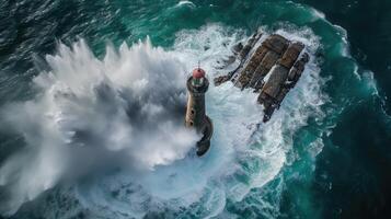 AI generated an offshore lighthouse standing tall amidst crashing waves, its sturdy structure weathering the elements while guiding ships safely through treacherous waters. photo