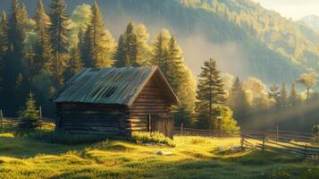 AI generated serene landscape surrounding a wooden cabin, focusing on intricate details like the texture of the wood and the play of light and shadows. photo