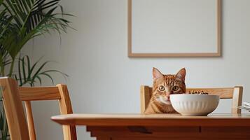 AI generated a cat its head out from under the table, drawn by the aroma of wet cat food in a bowl placed on the table, against a  white background, showcasing the irresistible allure of dining photo