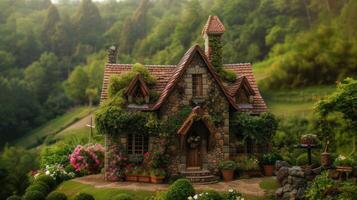 AI generated a small house cleverly designed to resemble a castle, nestled amidst rolling hills and surrounded by whimsical gardens, invoking a sense of fairy-tale charm. photo
