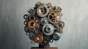 AI generated drum brakes, gears, and assorted metal components artfully displayed on a pedestal, against a grey, oxidized background, evoking an industrial ambiance that celebrates precision photo