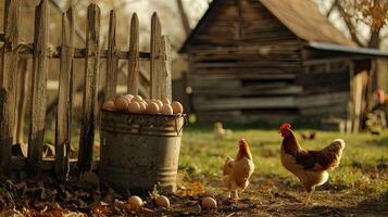 AI generated a sturdy bucket brimming with freshly collected eggs, nestled beside the picket fence of a rustic chicken coop, epitomizing the charm of country living. photo