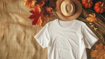 AI generated a white t-shirt mockup with a blank shirt template photo, featuring stylish fall accessories against a rustic burlap background for a trendy and seasonal aesthetic. photo