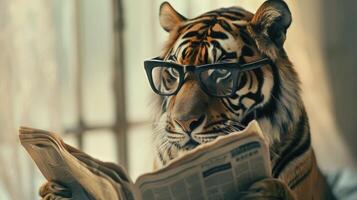 ai generado Tigre vistiendo negro lentes como eso se involucra en el Actuar de leyendo un periódico en contra un sereno, de color claro fondo foto