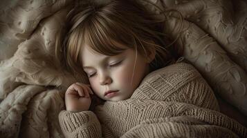 AI generated a little girl as she sleeps soundly in bed, nestled under a plush, soft, textured blanket that envelops her in warmth and comfort, creating a serene and cozy atmosphere. photo