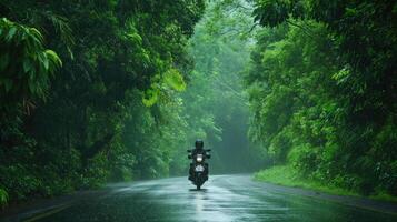 AI generated a motorbike driver navigating through the rain on a densely tree-lined road, the shimmering raindrops and lush foliage creating a captivating ambiance of nature's embrace photo