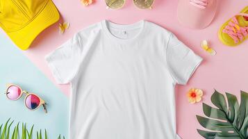 ai generado un blanco camiseta Bosquejo presentando un blanco camisa plantilla, adornado con vibrante primavera accesorios en contra un suave pastel fondo, Perfecto para transporte un Fresco y estacional estilo. foto