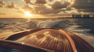 AI generated speedboating through with a realistic close-up shot from the back seat of a speedboat, showcasing the mesmerizing ocean vista during the golden hour, enhanced by captivating shadow play. photo