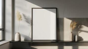 ai generado un blanco póster marco Bosquejo metido en un pulcro estante gabinete, exudando minimalista elegancia y bañado en natural luz, atractivo espectadores a Visualizar su propio personalizado obra de arte foto